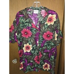 Bentley Petite Floral Hawaiian Aloha Button Up Twill Blouse Shirt - Size Large